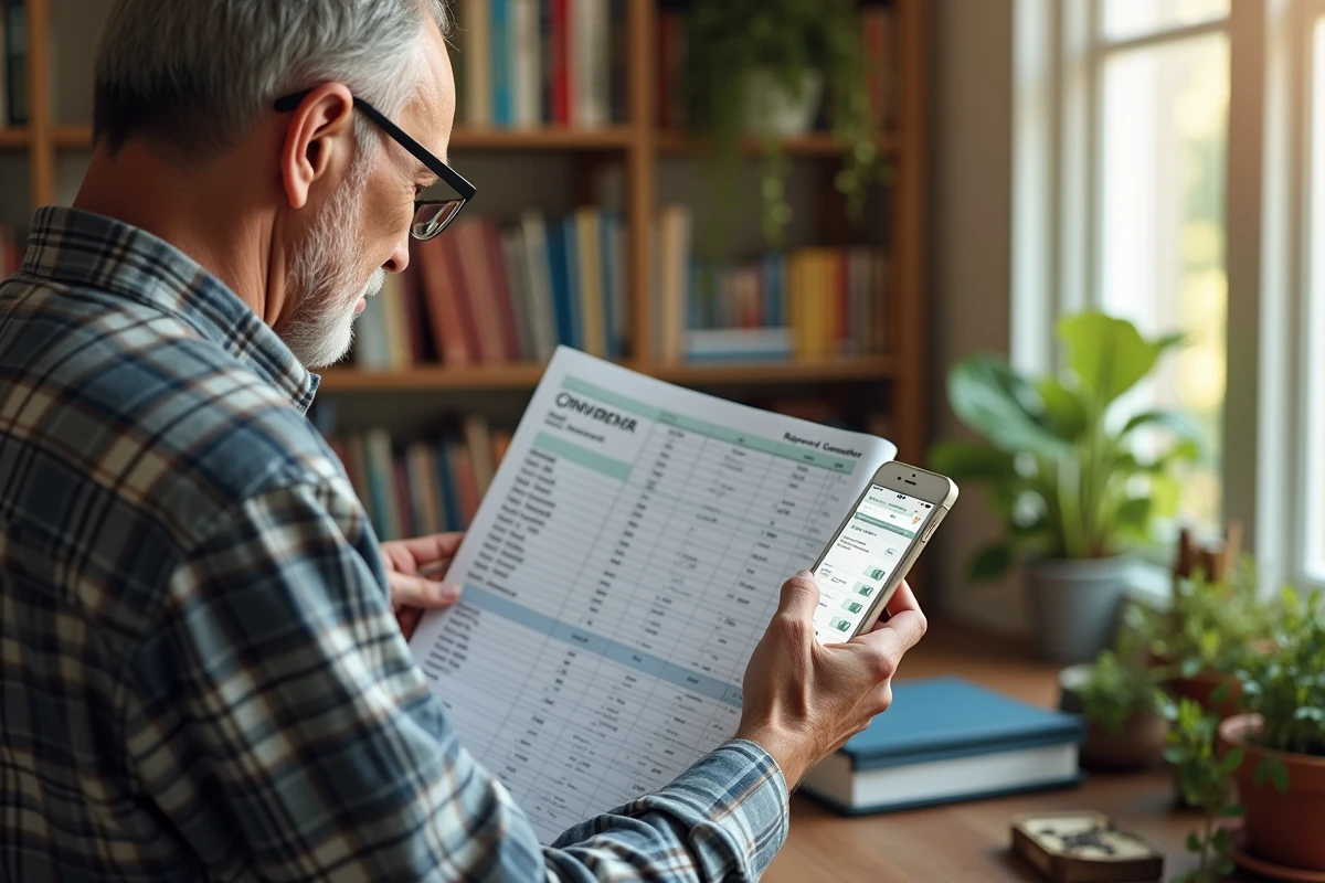 Homme âgé étudiant une carte de conversion en home office