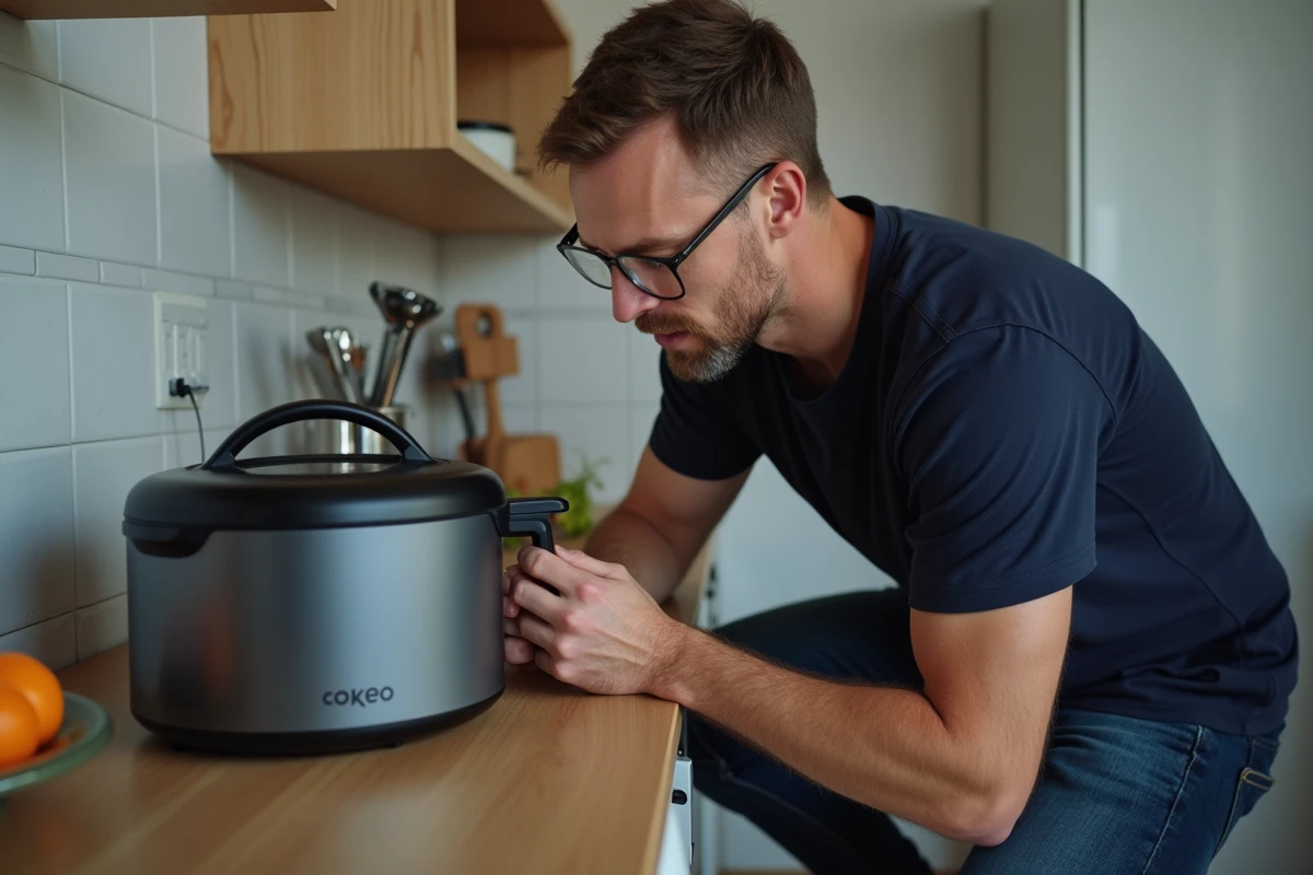 Homme inspectant le bas d'un multicuiseur Cookeo pour diagnostiquer un code erreur
