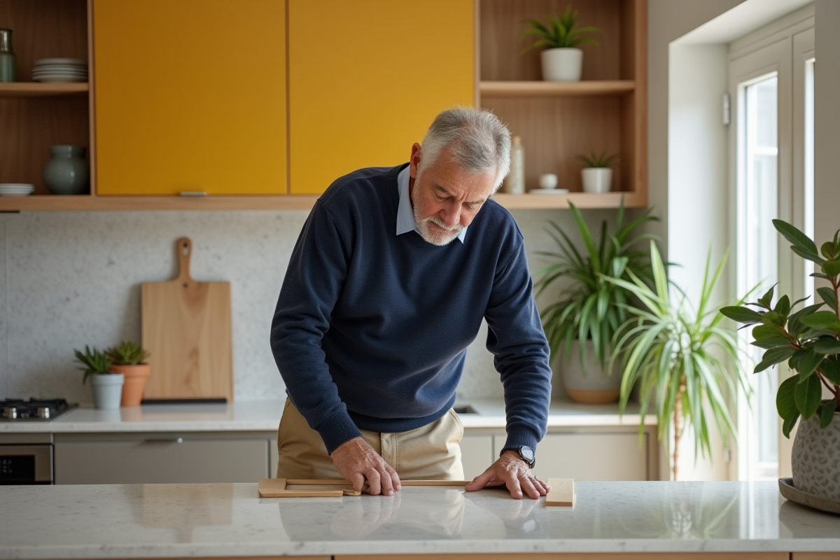 Homme âgé installe des portes de placard dans une cuisine contemporaine