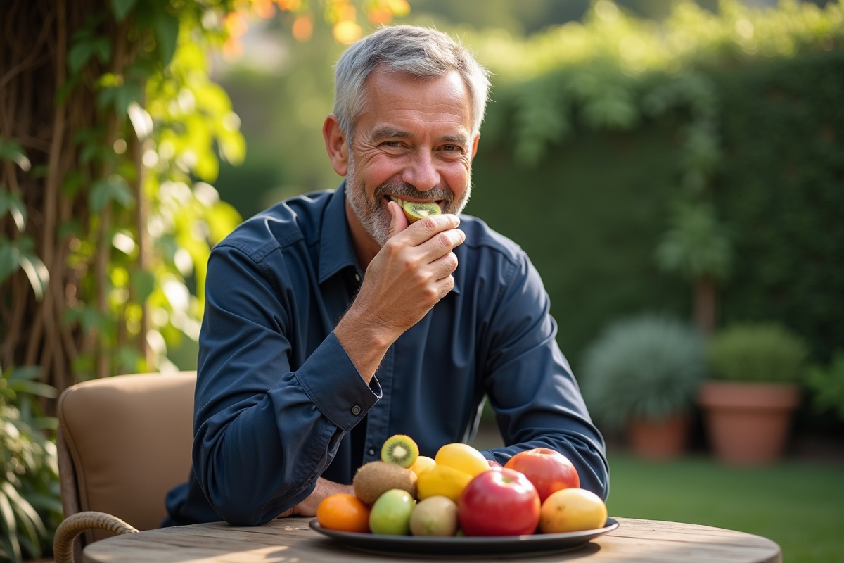 Homme dans le jardin dégustant un kiwi frais
