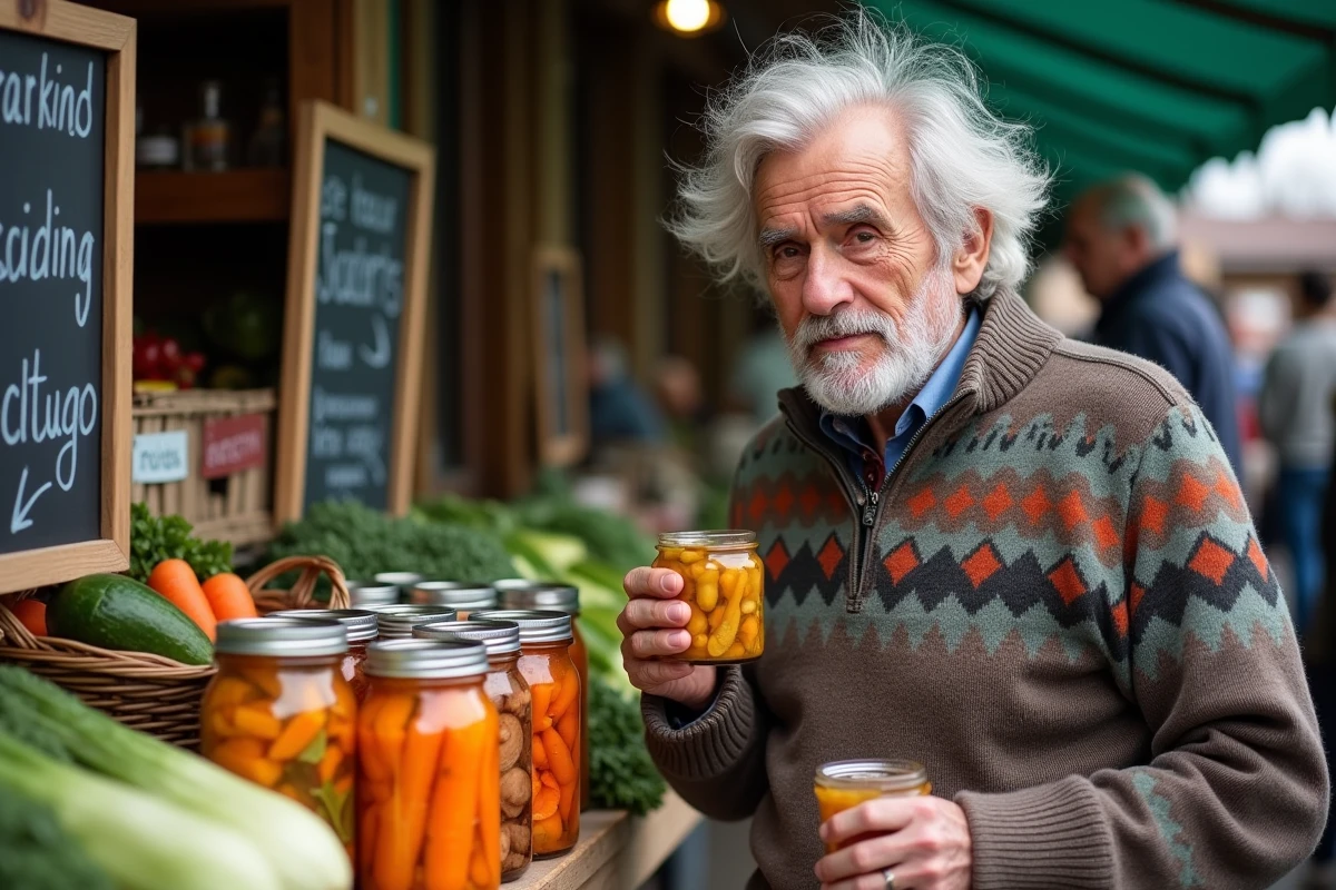 Homme dégustant légumes lactofermentés au marché en plein air