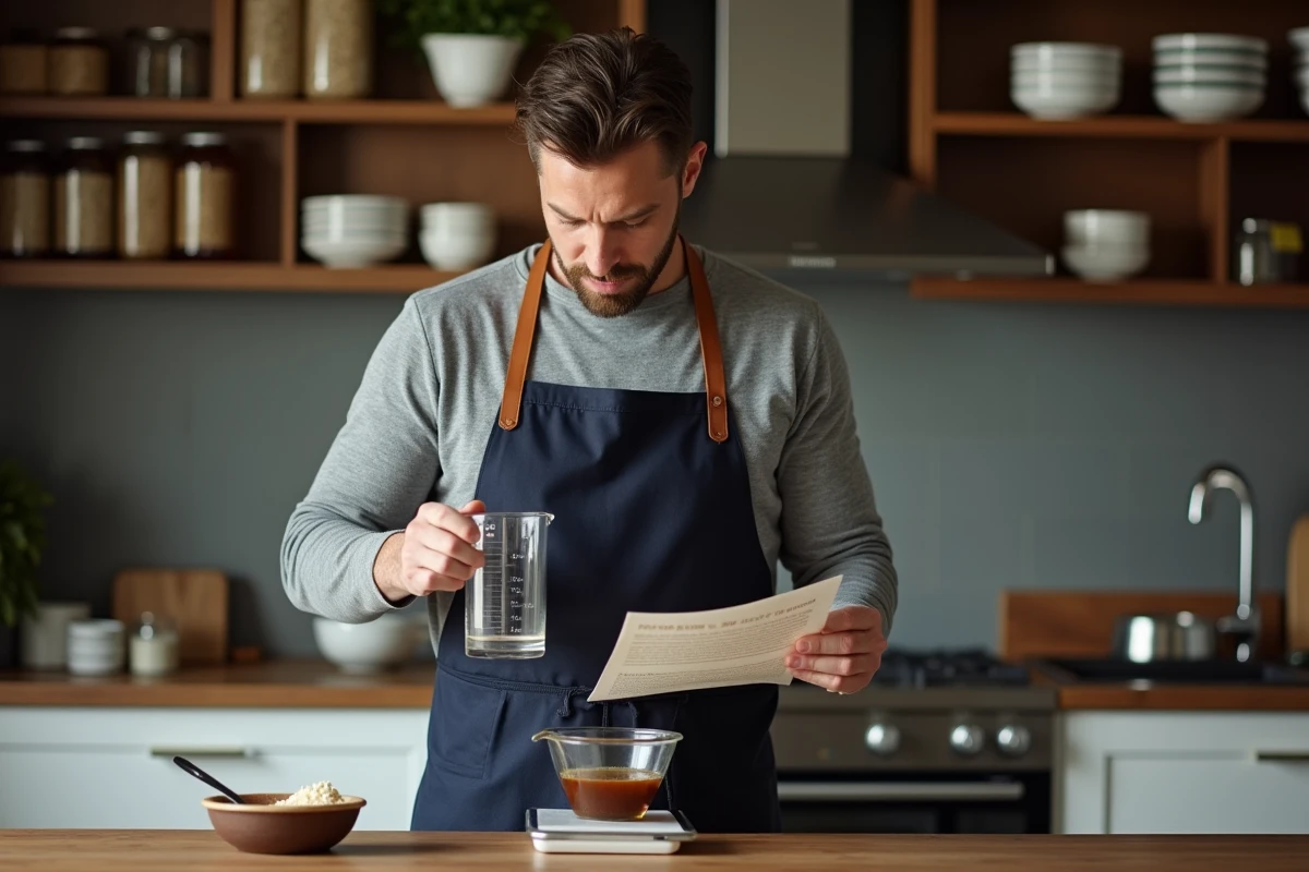 Homme en tablier consultant une fiche recette tout en mesurant 12,5 cl dans un verre doseur à côté d'une balance de cuisine