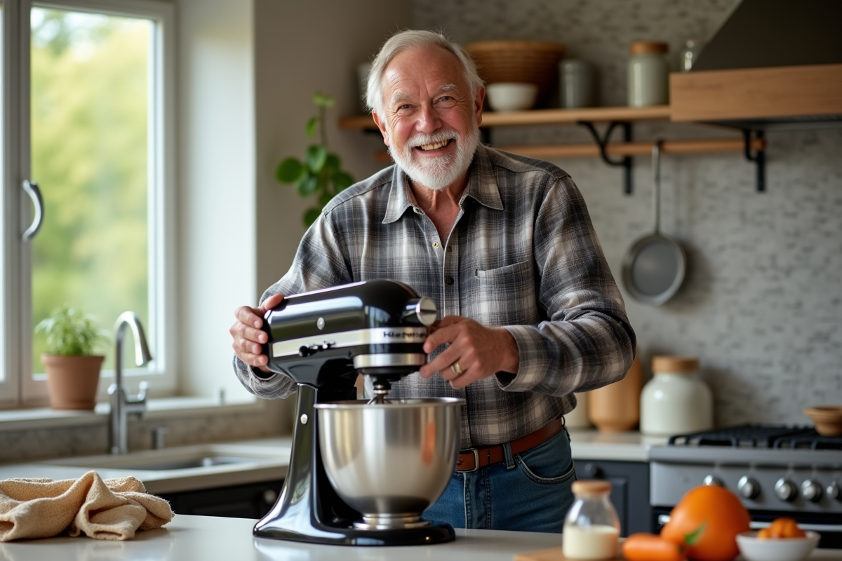 Homme âgé montrant le bol du mixeur dans la cuisine