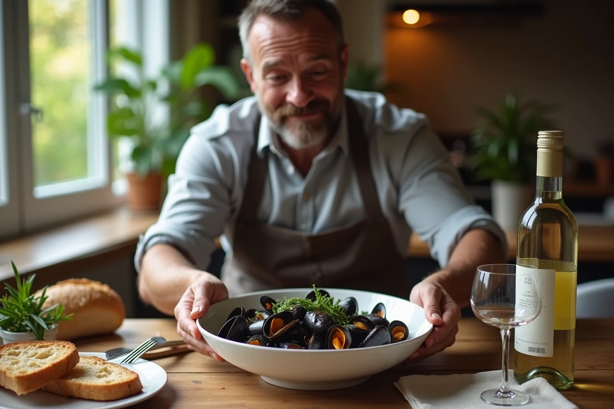 Homme dressant des moules à la crème sur une table rustique