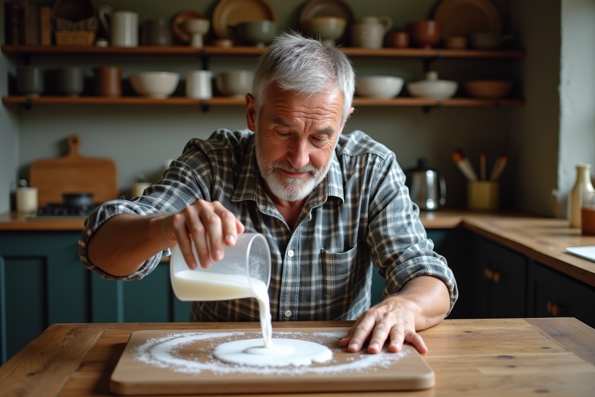 Homme âgé versant vinaigre sur une planche en bois