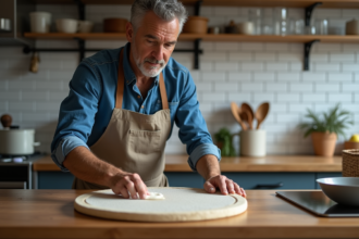 Homme en denim nettoyant une pierre à pizza dans la cuisine