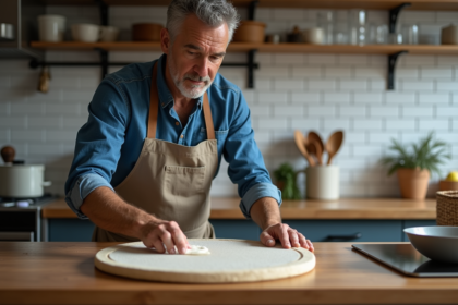 Homme en denim nettoyant une pierre à pizza dans la cuisine