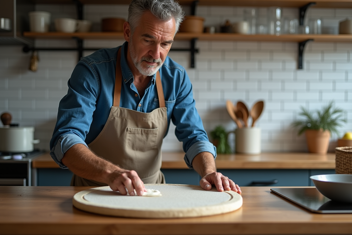Homme en denim nettoyant une pierre à pizza dans la cuisine