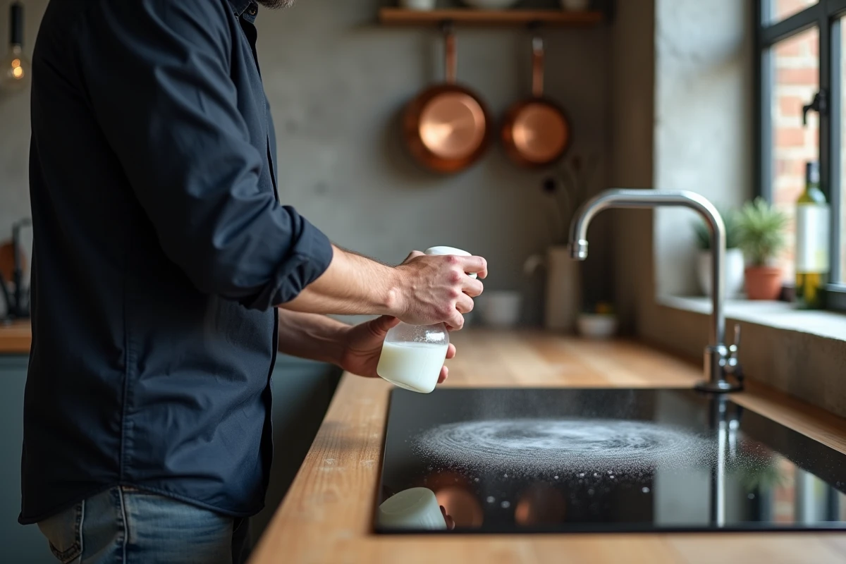 Homme appliquant une solution naturelle de vinaigre blanc sur une plaque vitrocéramique encastrée dans un îlot de cuisine moderne