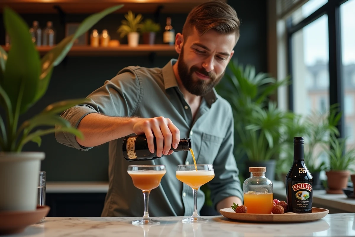 Jeune homme versant Baileys dans un verre à cocktail élégant