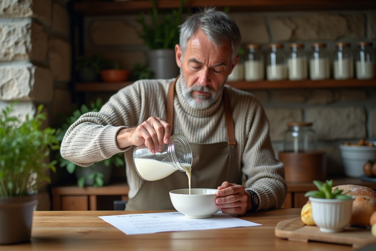 Homme versant yogourt maison dans un bol en cuisine rustique