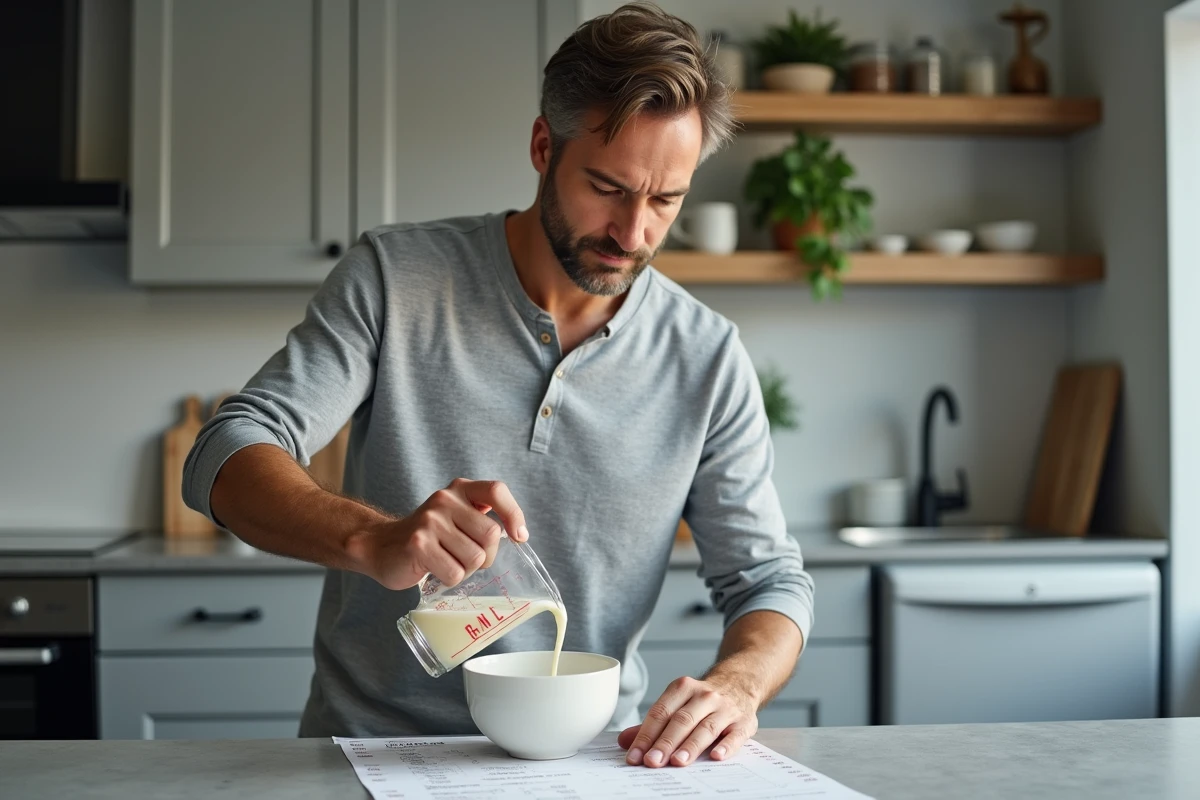 Homme consultant une table de conversion grammes en litres tout en versant un liquide dans un saladier lors d'une recette maison dans une cuisine moderne