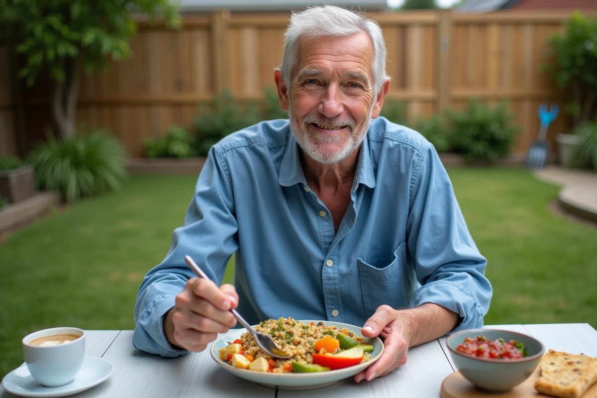 Homme senior savoure un repas vegan en extérieur dans un jardin