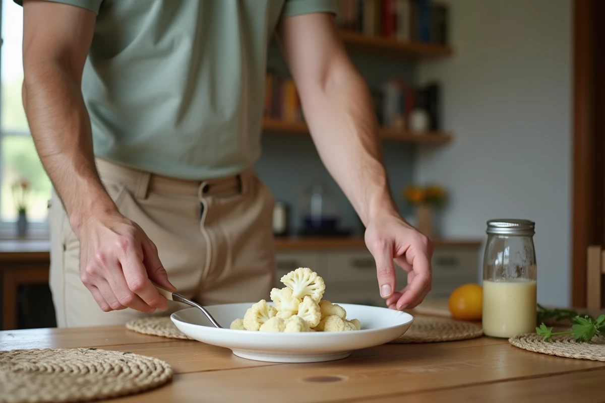 Homme servant du chou-fleur à table en famille