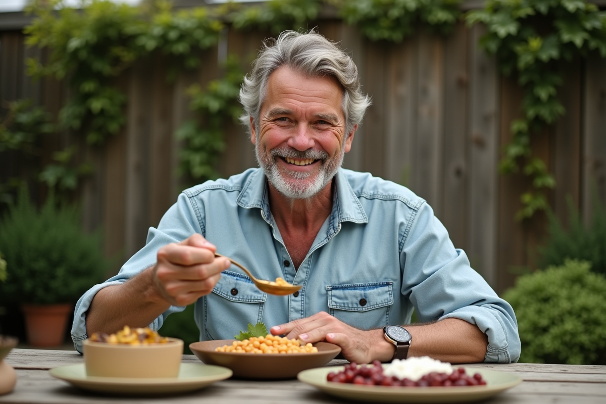 Homme dégustant un ragoût de legumes en plein air
