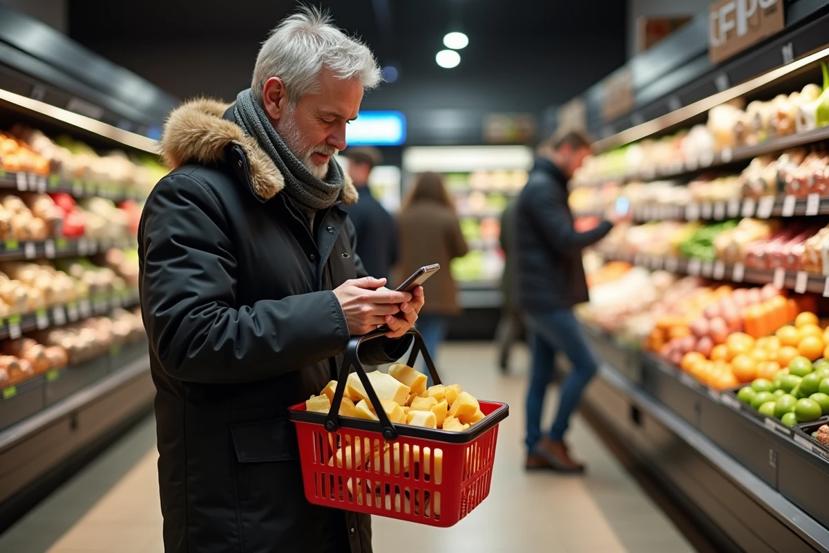 Homme faisant ses courses avec panier raclette