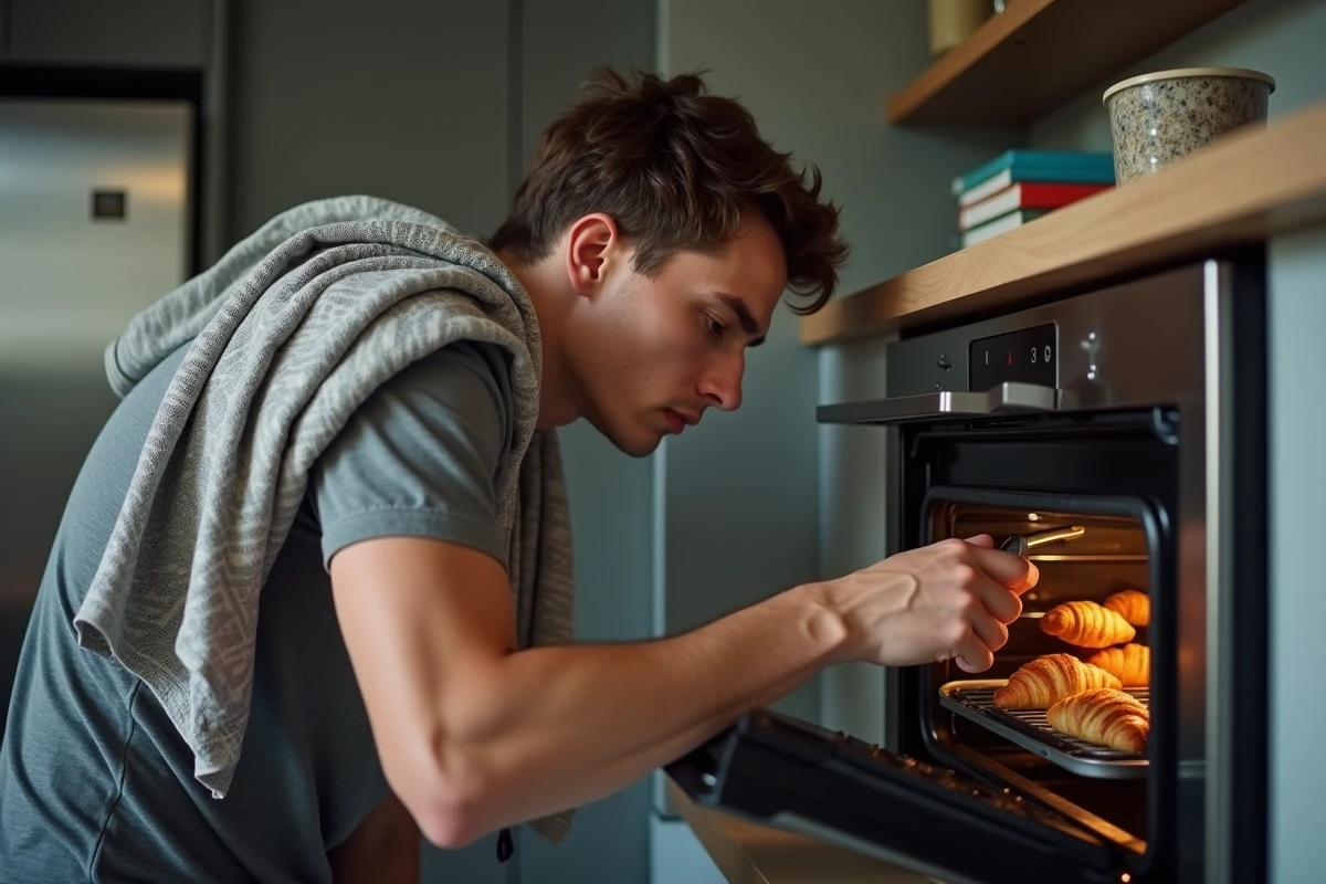 Jeune homme regardant croissants dans le four moderne