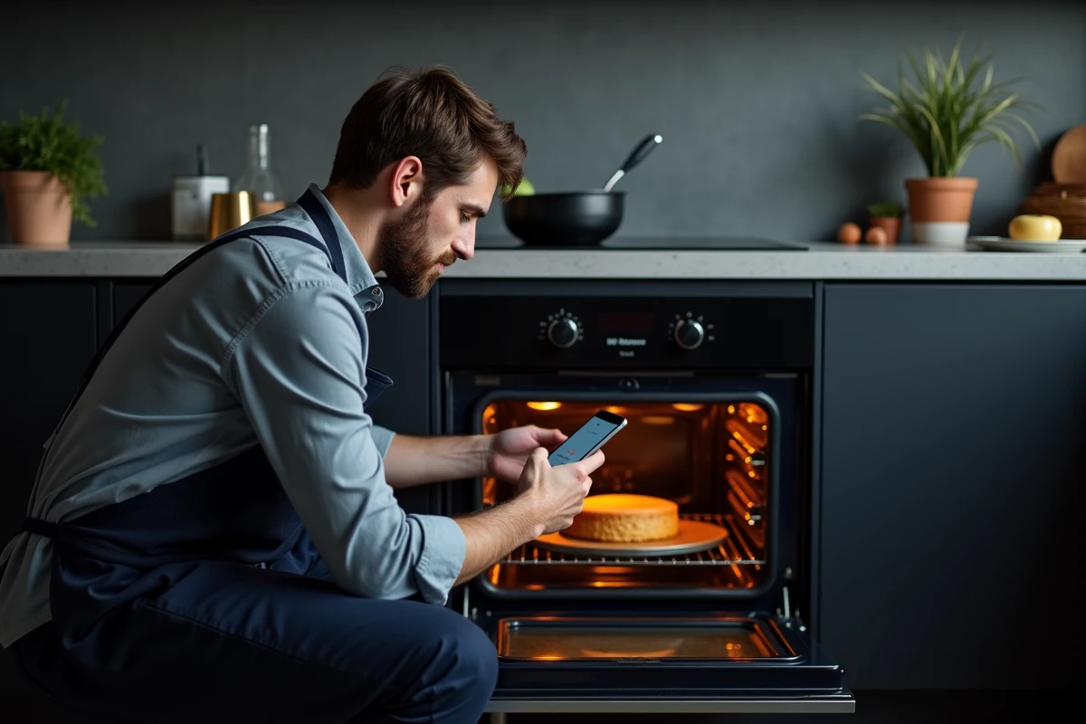 Homme vérifiant la cuisson d'un gâteau dans un four ouvert avec une application de conversion de thermostat sur smartphone