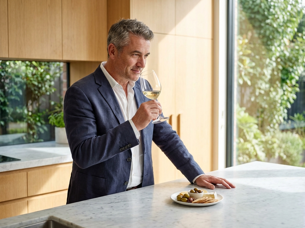 Homme dégustant un vin blanc dans une cuisine moderne