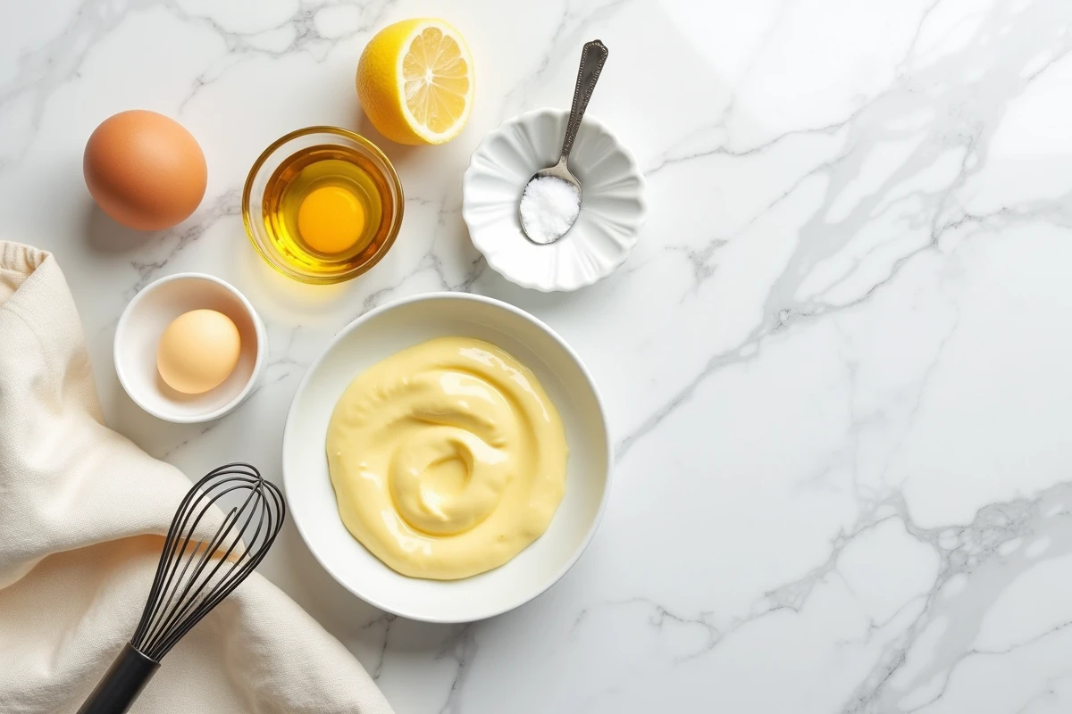 Vue de dessus des ingrédients pour une mayonnaise maison sur marbre blanc : œufs, moutarde de Dijon, citron, huile et sel disposés en flat lay