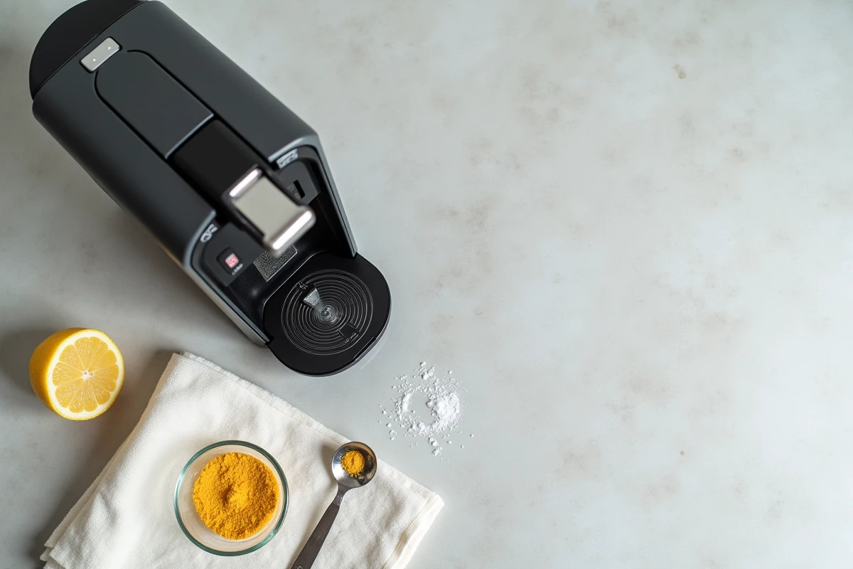 Vue du dessus des ingrédients naturels pour détartrer une Tassimo Bosch : acide citrique, citron et vinaigre blanc