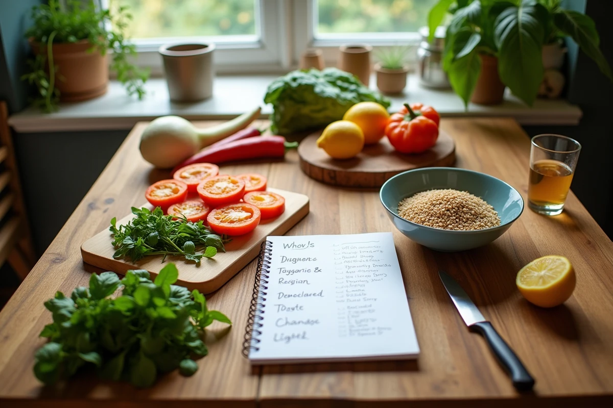 Vue de dessus d'une table de cuisine avec ingrédients et plan de repas légers pour le batch cooking de la semaine