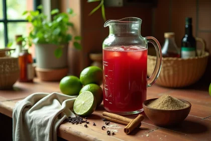 Ingrédients du punch antillais maison disposés sur un comptoir en bois avec citrons verts, rhum agricole, épices et sucre de canne