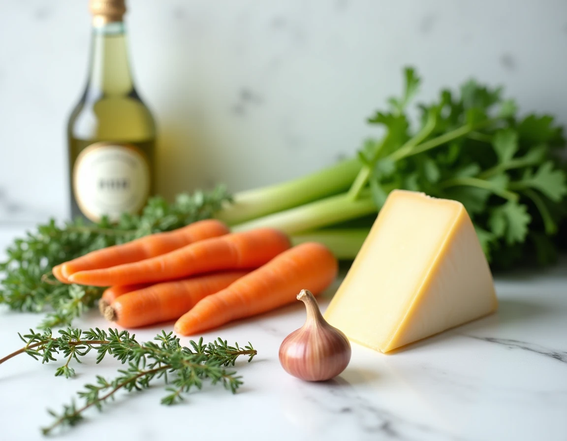 Ingrédients malins pour soupe champagne pas chère disposés sur un comptoir en marbre blanc avec légumes frais et bouteille de mousseux