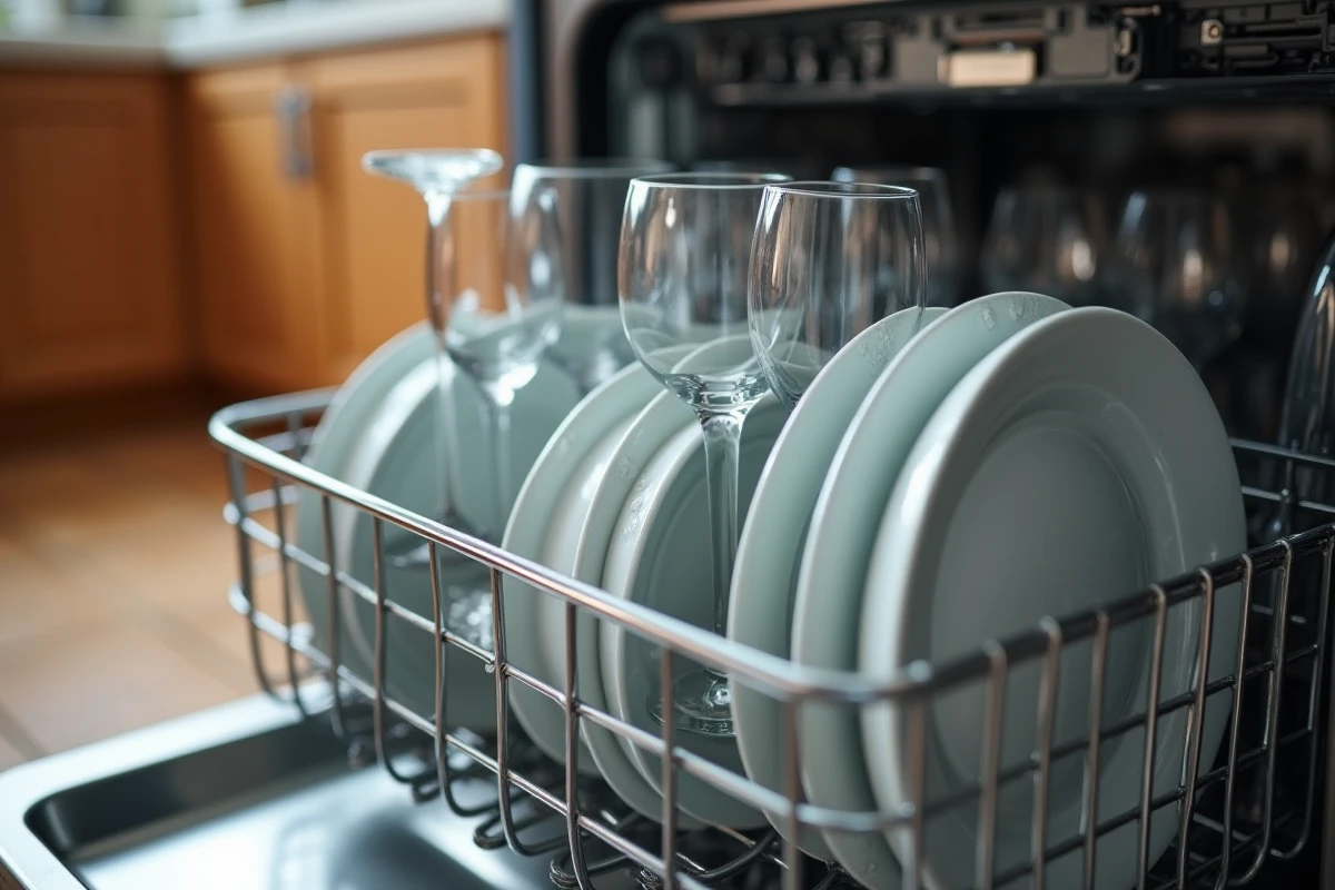Intérieur d'un lave-vaisselle silencieux Valberg avec vaisselle propre et gouttes d'eau sur les verres