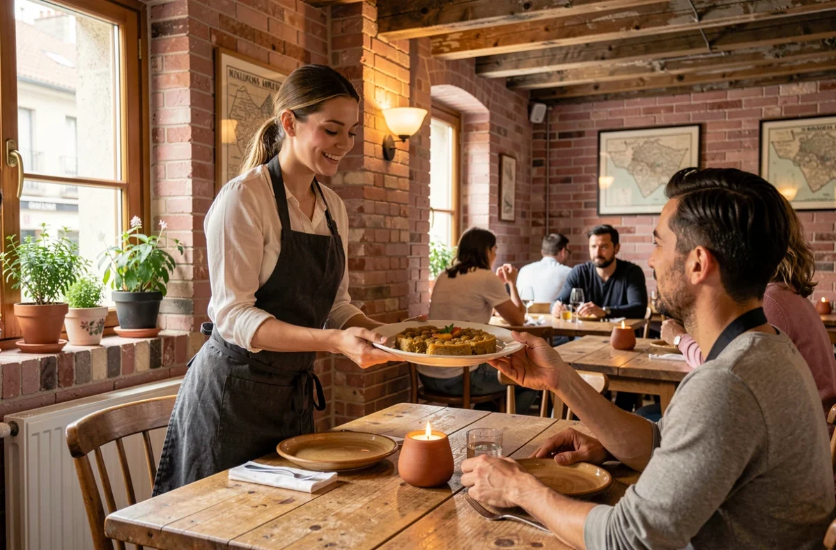 Intérieur chaleureux d'un restaurant toulousain avec murs en brique rose, serveuse présentant un cassoulet à des clients