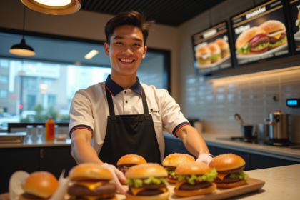 Jeune employé souriant préparant des burgers dans un fastfood moderne