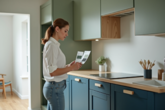 Jeune femme examine des échantillons de couleurs dans une cuisine moderne