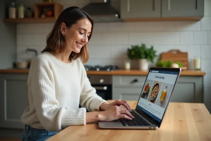 Jeune femme souriante utilisant un ordinateur en cuisine