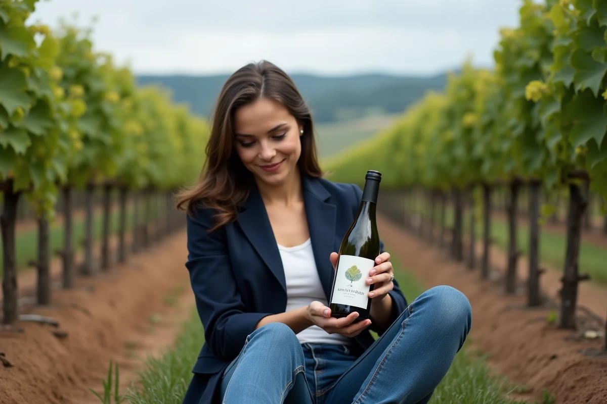Jeune femme dans un vignoble tenant une bouteille de Sauvignon Franc
