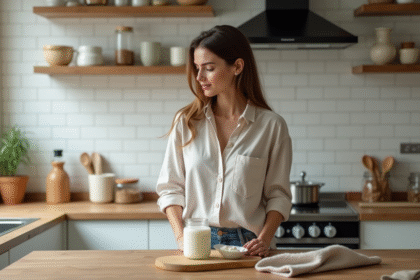 Jeune femme regardant un pot de yogourt maison dans la cuisine