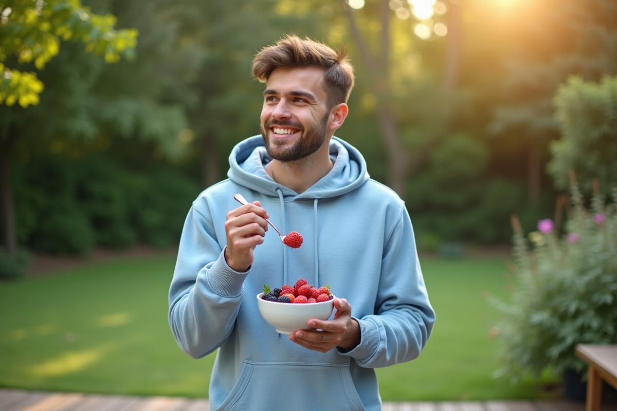 Jeune homme dans un jardin avec un bol de fruits rouges