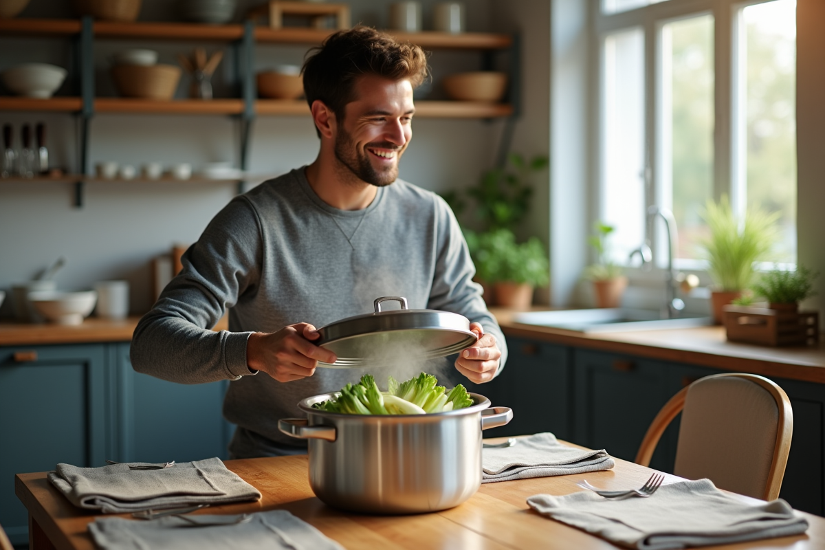 Jeune homme ouvrant une cocotte avec des endives cuites