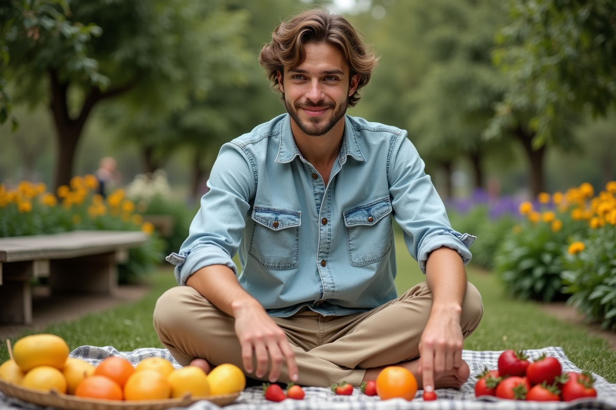 Jeune homme dans un jardin avec fruits colorés