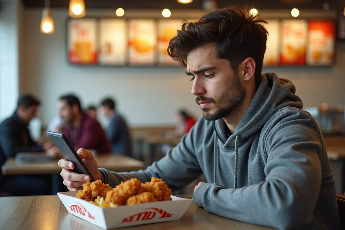 Jeune homme inspectant un poulet frit dans un restaurant