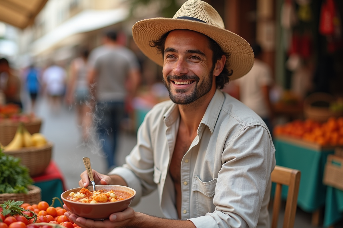 Jeune homme dégustant un ragoût de fruits de mer au marché
