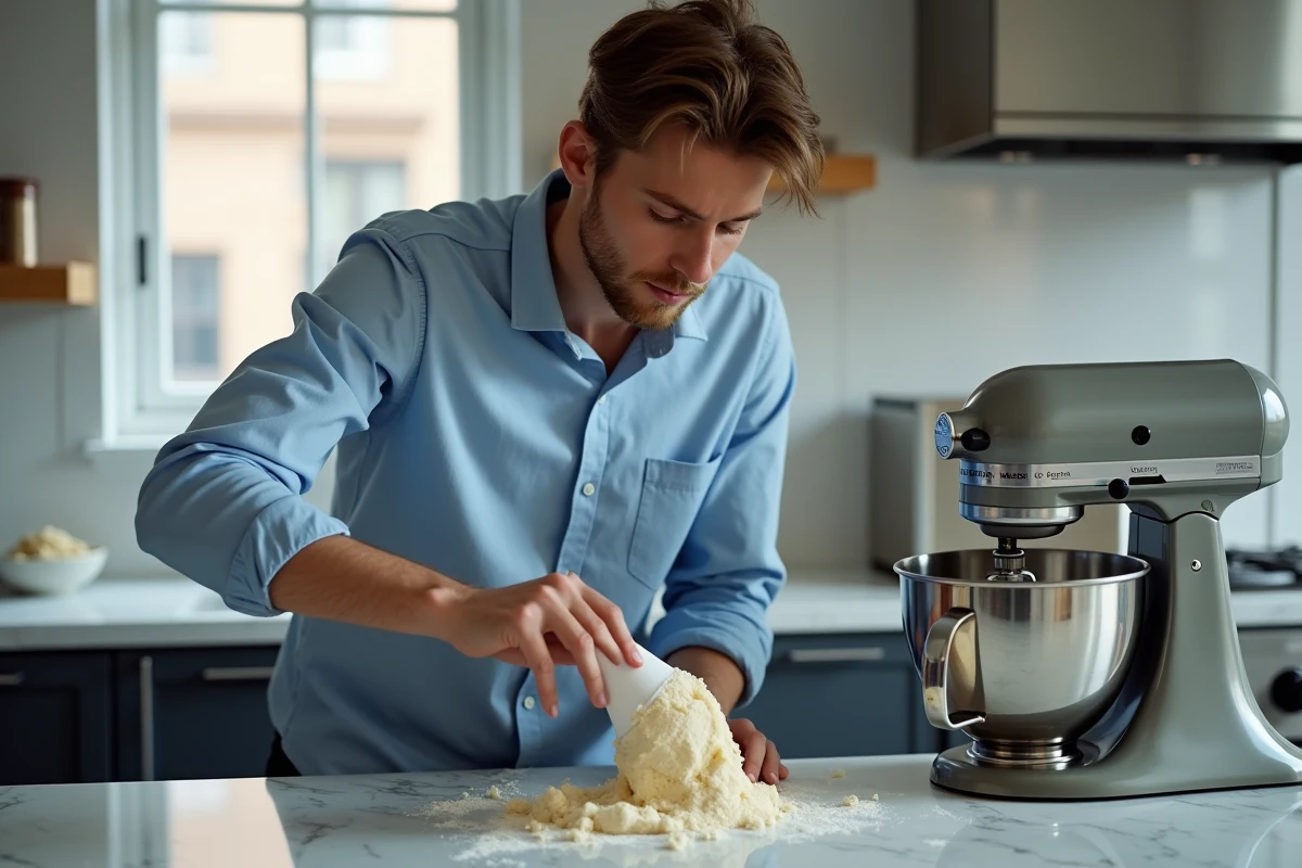 Jeune homme regardant le mixeur en cuisine moderne