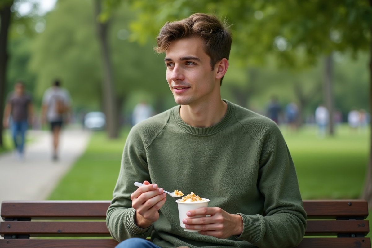 Jeune homme dégustant un yaourt dans un parc verdoyant
