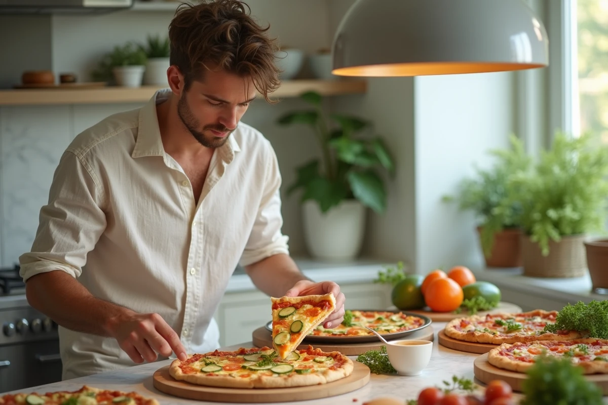 Jeune homme prenant une part de pizza courgette en intérieur
