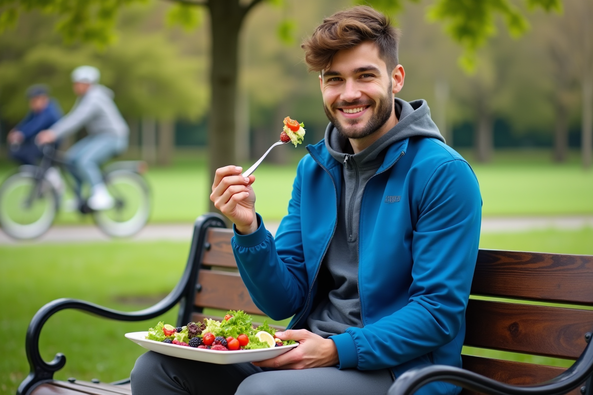 Jeune homme dégustant une salade en plein air