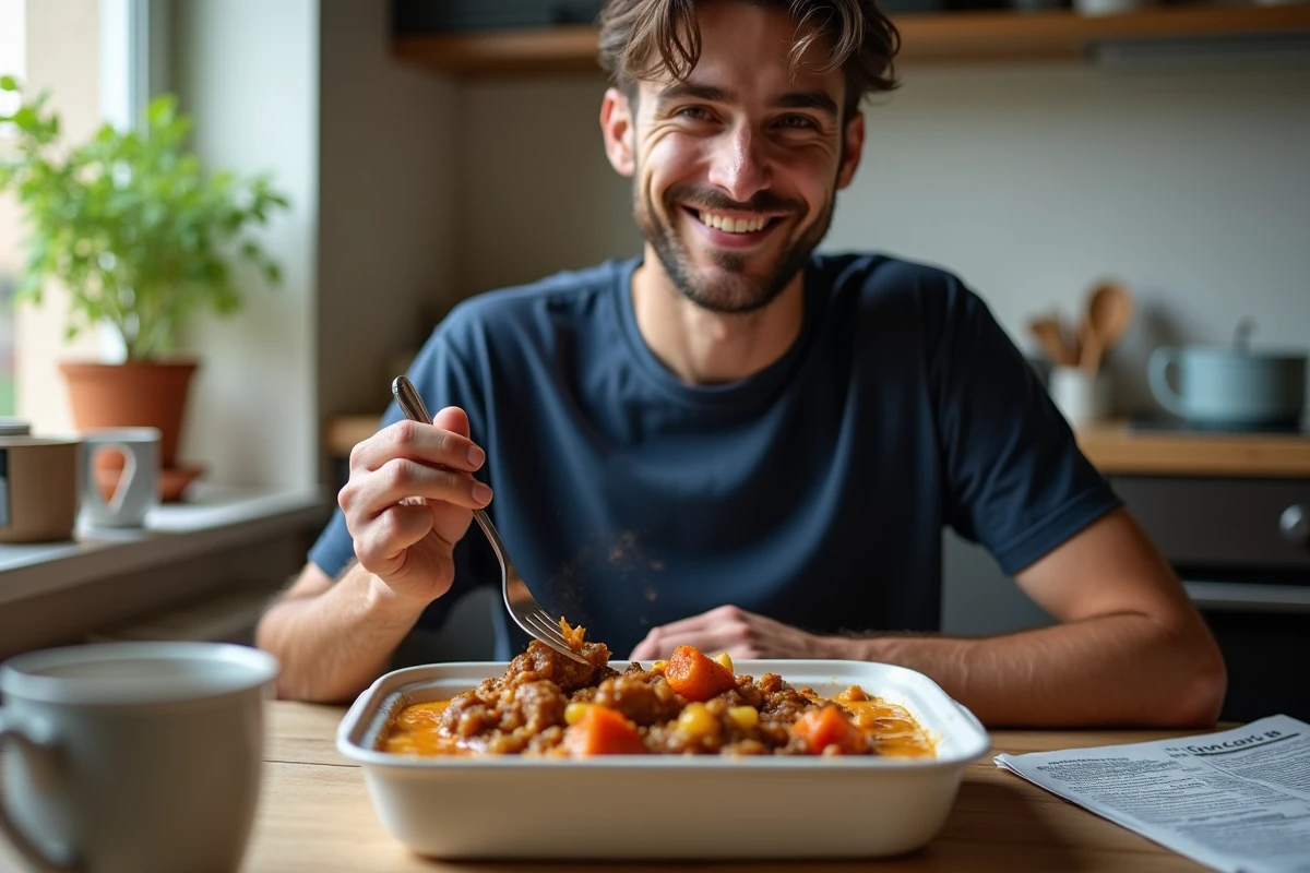 Jeune homme dégustant du boeuf carotte au repas