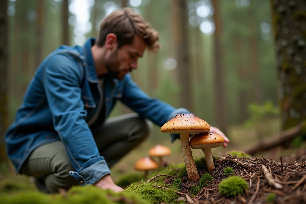 Jeune homme cueillant un champignon dans la forêt