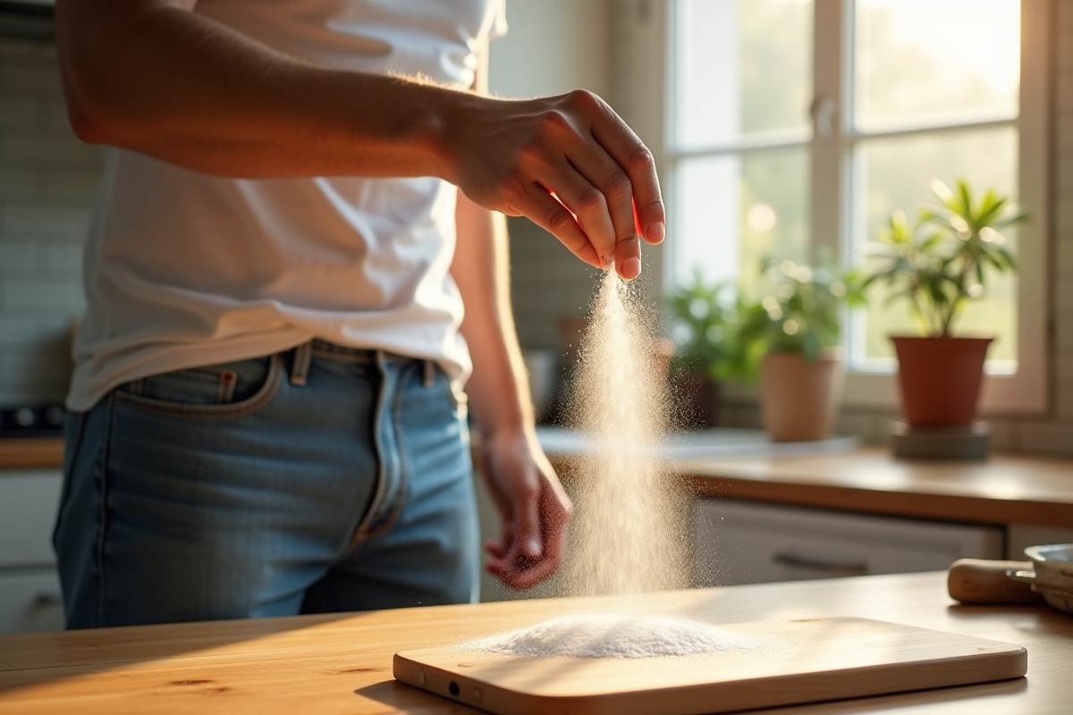 Jeune homme saupoudrant du bicarbonate sur une planche en bois