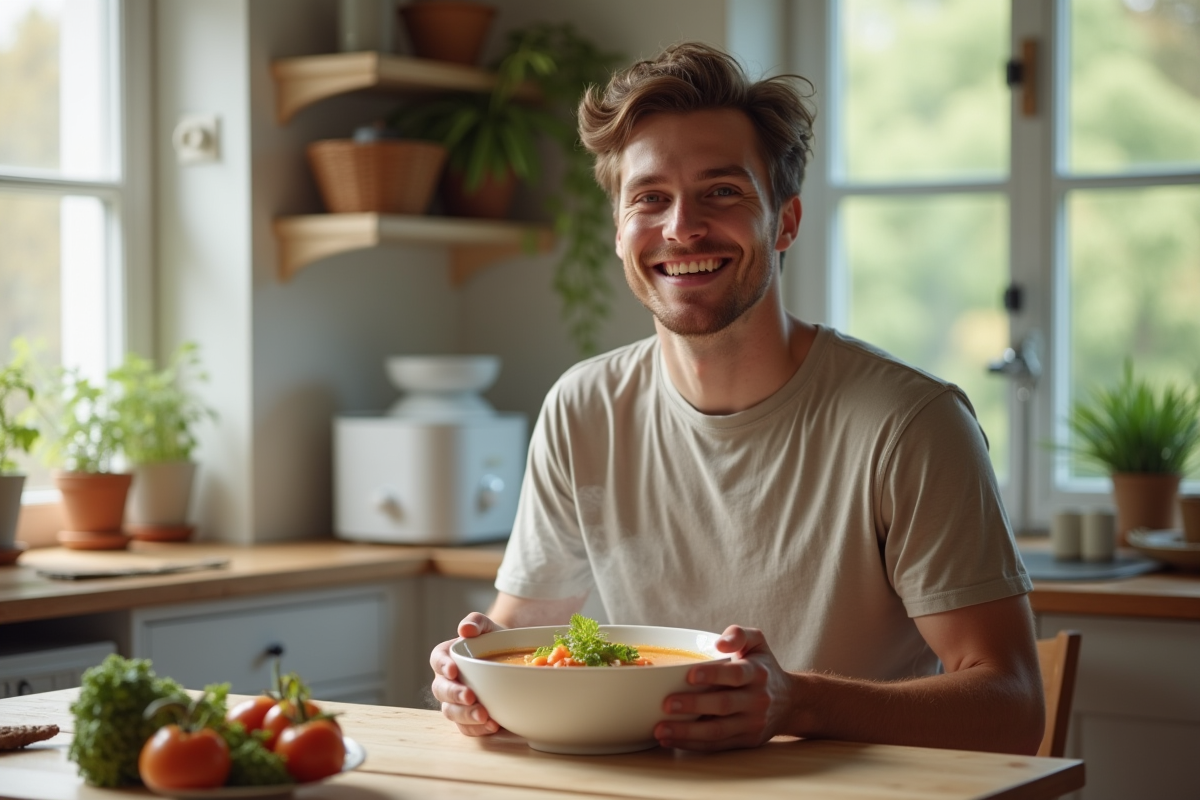 Jeune homme tenant un bol de soupe de légumes fumante