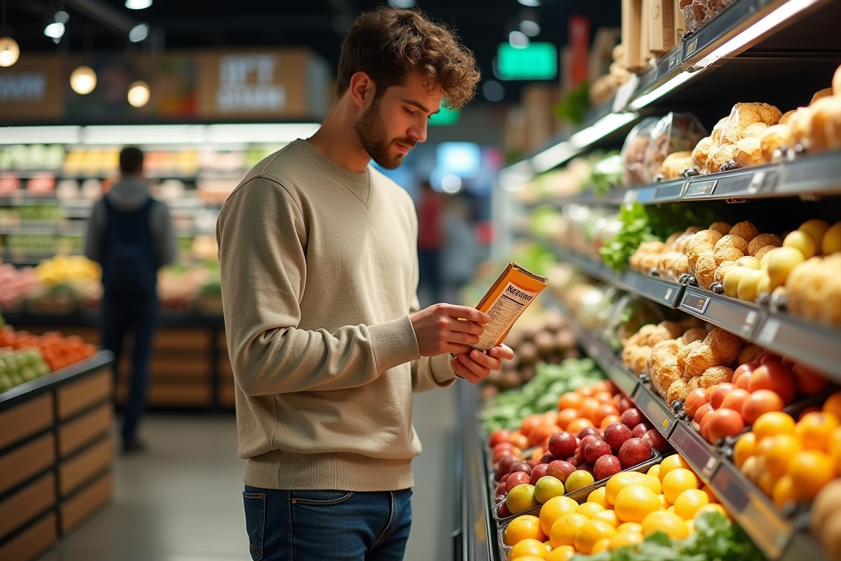 Jeune homme lisant une étiquette de pâtes dans un supermarché