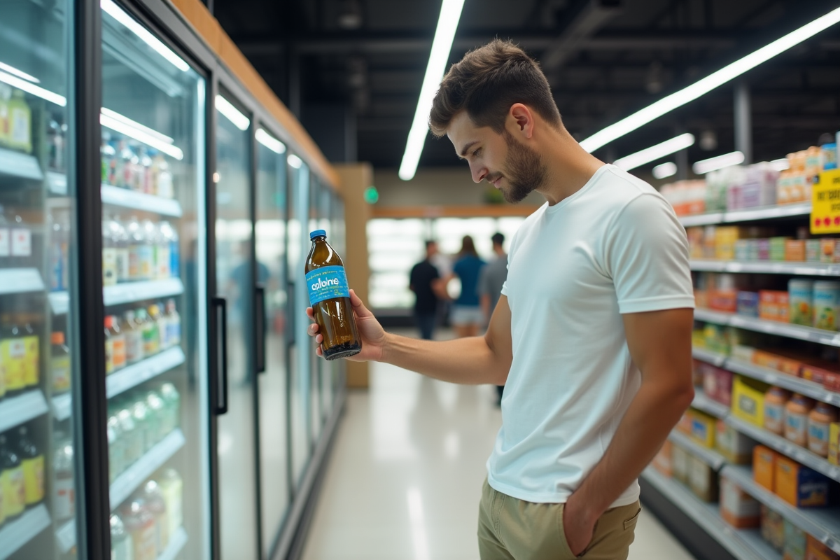 Jeune homme examinant une bouteille caloriefree dans un supermarche
